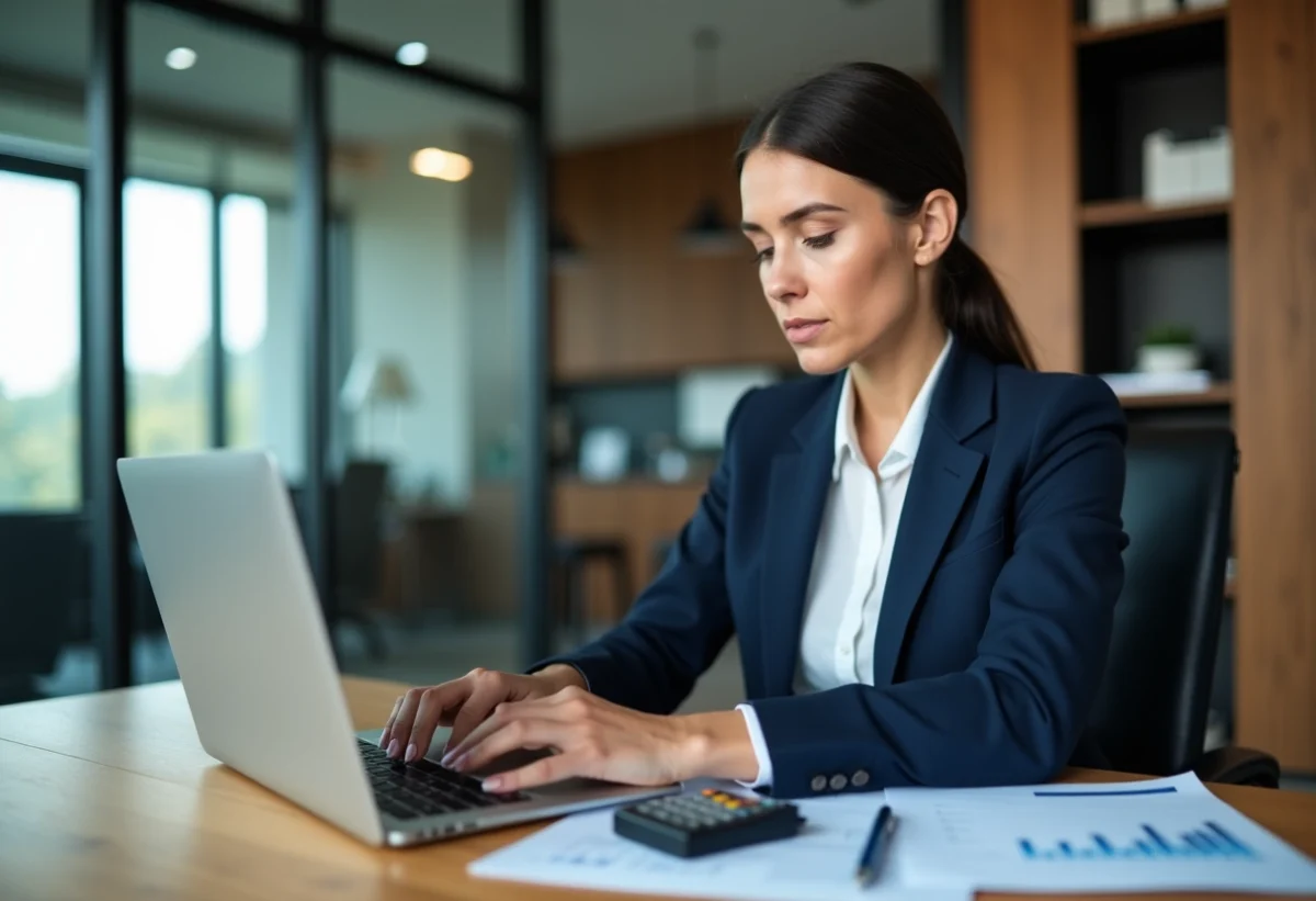 Femme d'affaires analysant des données sur un ordinateur portable