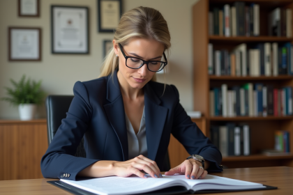 Femme d'affaires en réunion avec documents officiels