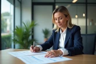 Femme d'affaires consultant un extrait Kbis Urssaf dans un bureau professionnel moderne
