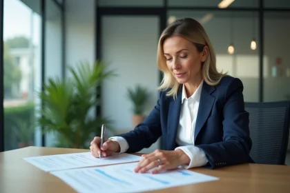 Femme d'affaires consultant un extrait Kbis Urssaf dans un bureau professionnel moderne