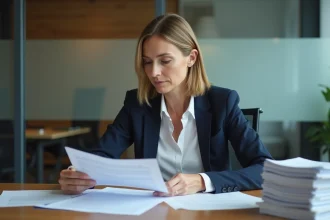 Femme d affaires en réunion analysant des documents de risque