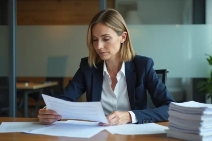 Femme d affaires en réunion analysant des documents de risque