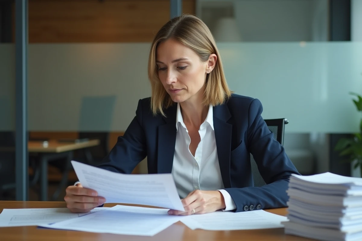 Femme d affaires en réunion analysant des documents de risque