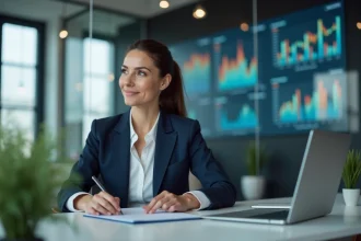 Femme d'affaires analysant des données sur son ordinateur dans un bureau moderne