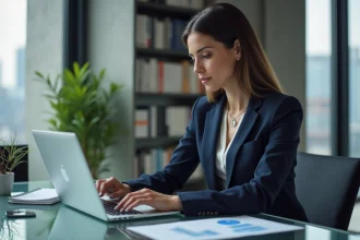 Femme d'affaires en costume navy analysant des stratégies de prix