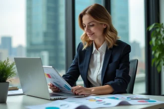 Femme professionnelle analysant des graphiques colorés sur une tablette