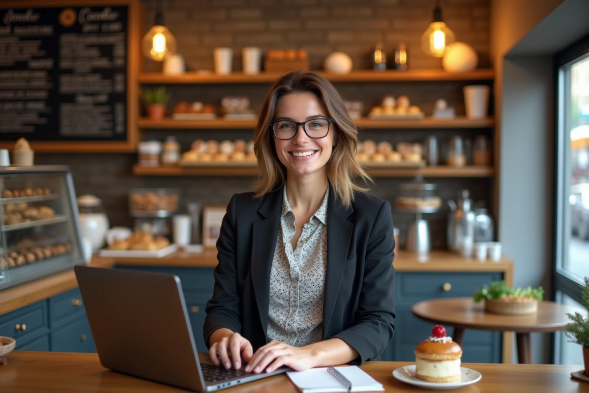 Femme souriante derrière le comptoir d'une boulangerie moderne
