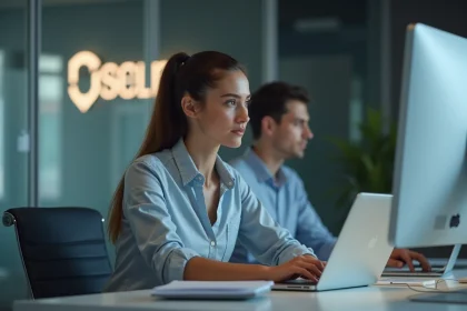 Femme concentr&eacute;e au bureau avec documents confidentiels