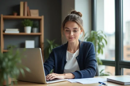 Femme au bureau &agrave; domicile examinant des documents HR