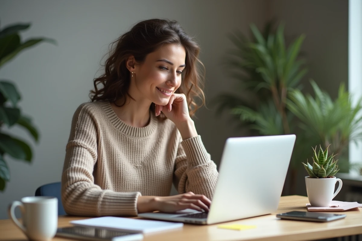 Femme travaillant sur un ordinateur portable dans un bureau à domicile organisé, illustrant un gain de temps au quotidien avec un outil comme Opraz