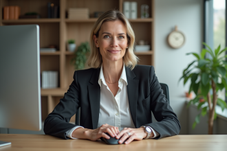 Femme d affaires utilisant une souris verticale dans un bureau moderne