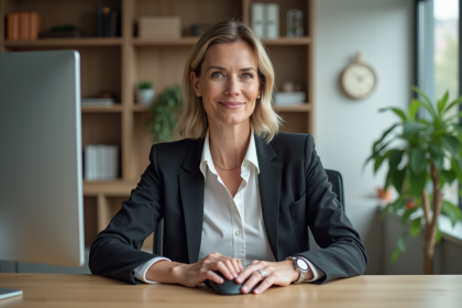 Femme d affaires utilisant une souris verticale dans un bureau moderne