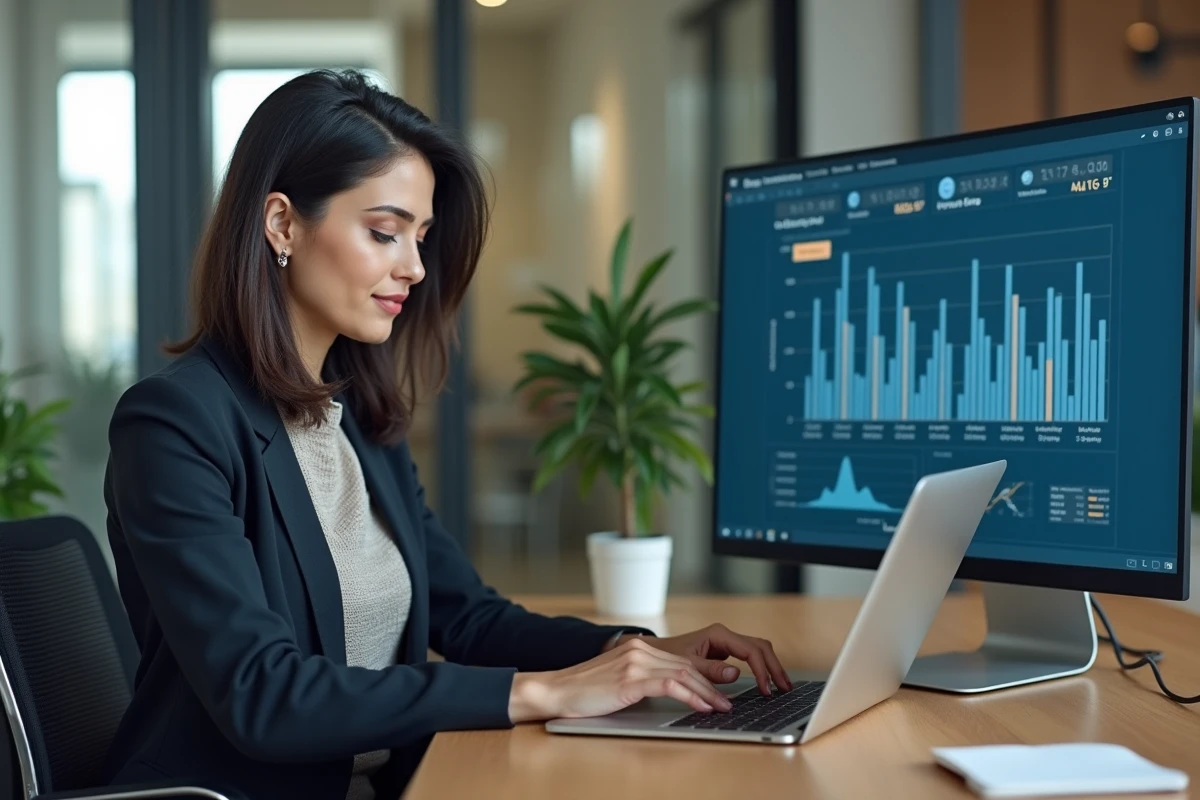 Femme professionnelle travaillant sur un ordinateur dans un bureau moderne