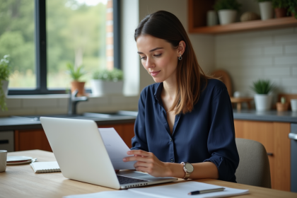 Femme assise à une table de cuisine avec ordinateur et documents
