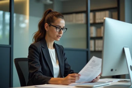 Femme d affaires au bureau regardant des documents
