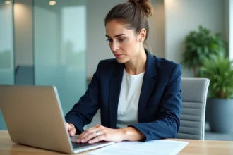 Femme professionnelle tapant une lettre dans un bureau moderne