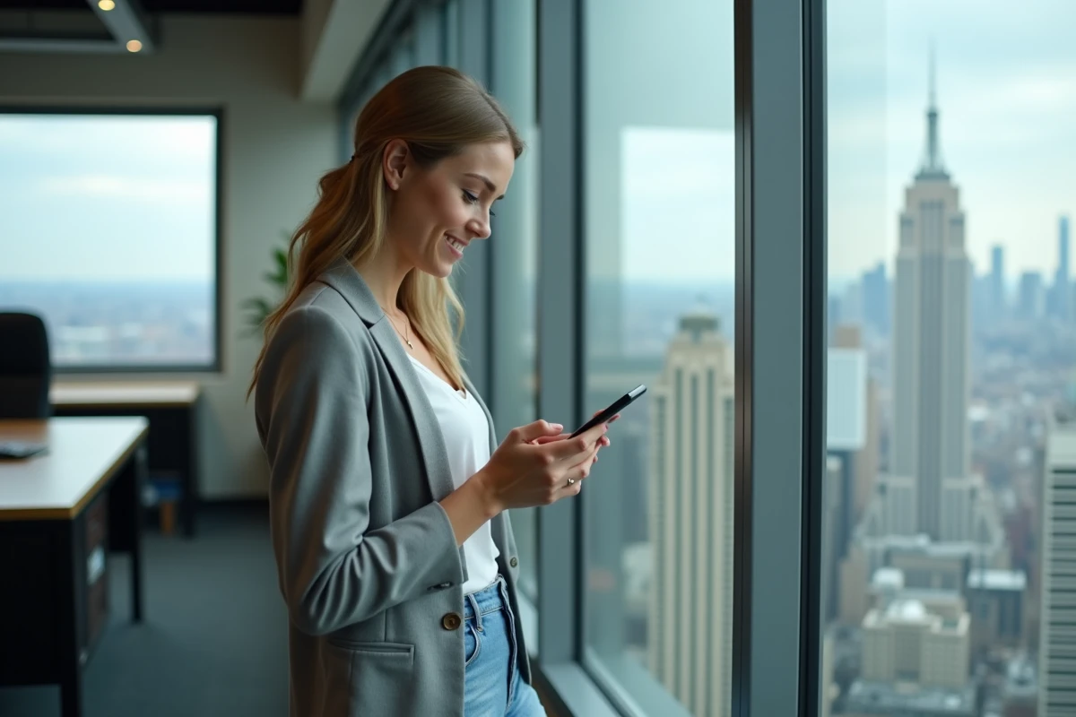 Femme au bureau regardant son smartphone près de la fenêtre