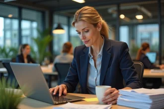 Femme cadre débordée gérant son agenda professionnel dans un open space moderne, illustrant le dilemme du networking B2B quand on manque de temps