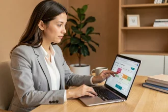 Femme utilisant ClicRDV com pro sur un ordinateur portable dans un bureau à domicile moderne