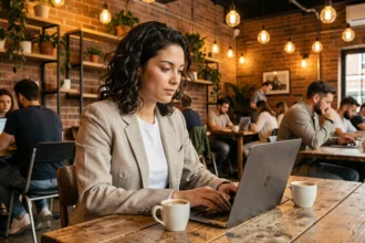 Femme travaillant sur un ordinateur portable dans un espace de coffee coworking chaleureux avec briques apparentes et plantes