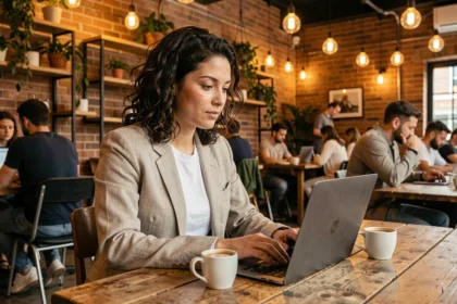 Femme travaillant sur un ordinateur portable dans un espace de coffee coworking chaleureux avec briques apparentes et plantes