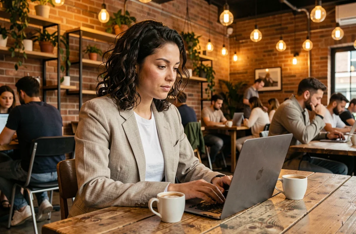 Femme travaillant sur un ordinateur portable dans un espace de coffee coworking chaleureux avec briques apparentes et plantes