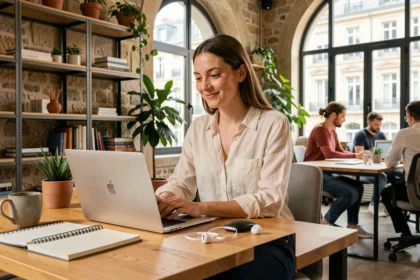Jeune femme travaillant dans un espace de coworking à Bordeaux avec murs en pierre et grandes fenêtres