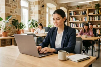 Femme professionnelle travaillant dans un espace de coworking moderne à Moulins avec murs en pierre apparente