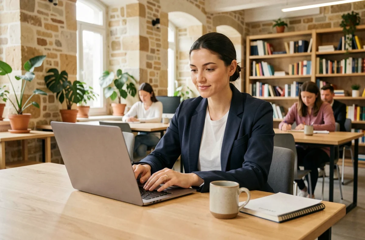 Femme professionnelle travaillant dans un espace de coworking moderne à Moulins avec murs en pierre apparente