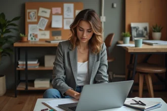 Femme créative avec carnet dans un studio moderne