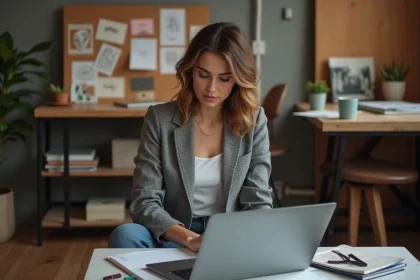 Femme cr&eacute;ative avec carnet dans un studio moderne