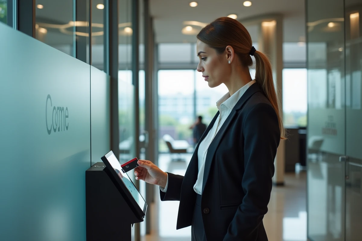 Femme d affaires utilisant une carte d identite à l entrée du bureau