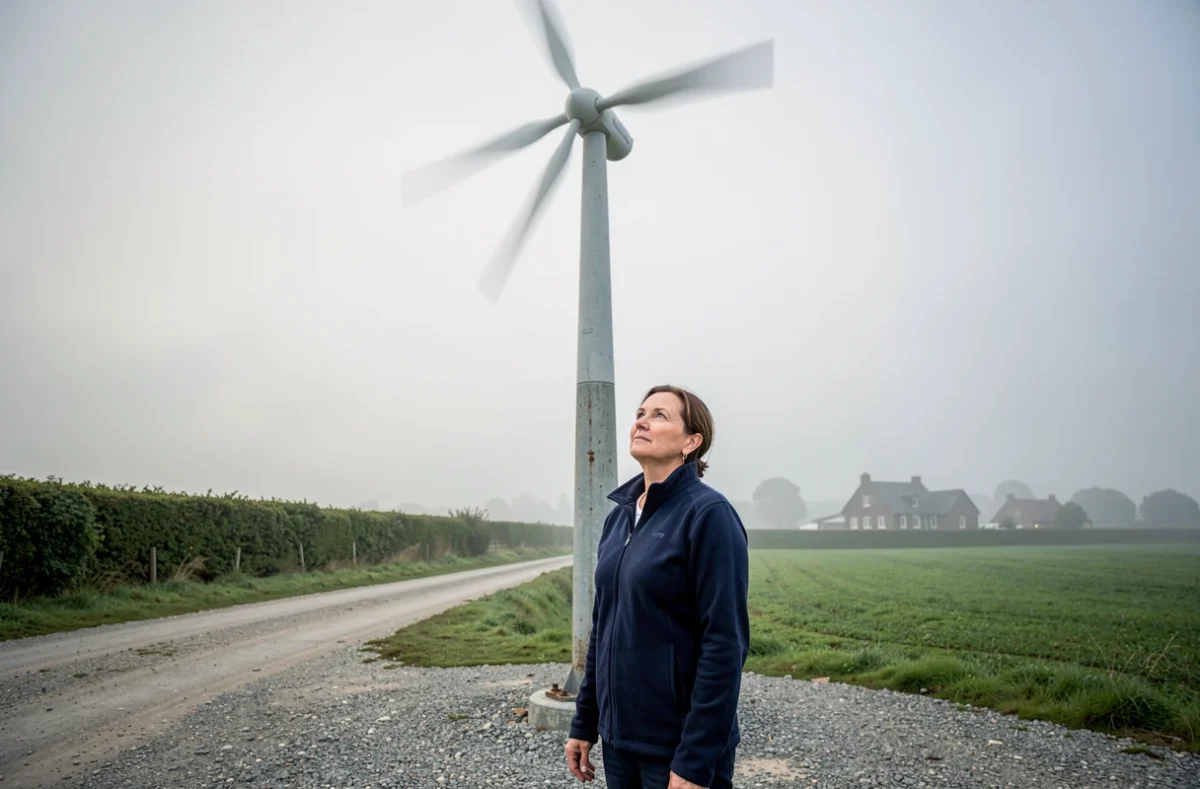 Femme observant une éolienne rurale dans un paysage de campagne, illustrant la production d'énergie locale par une coopérative citoyenne