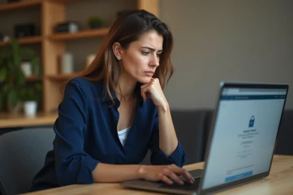 Femme frustrée devant son ordinateur portable avec une erreur de connexion MyPeopleDoc affichée à l'écran