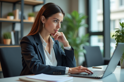 Femme en business attire évaluant un logiciel CRM au bureau
