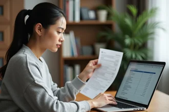 Femme consultant ses justificatifs fiscaux sur un ordinateur portable dans un bureau à domicile organisé