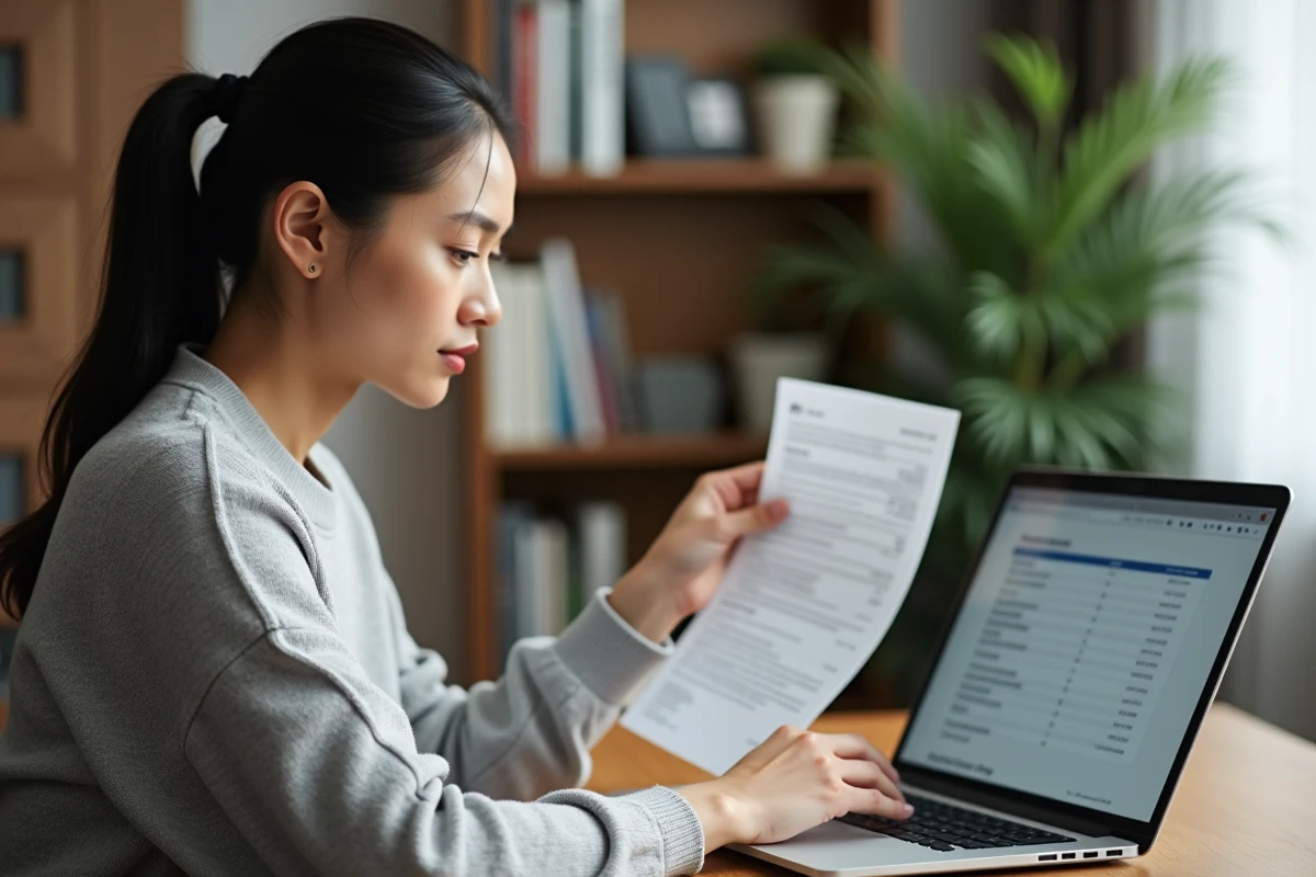 Femme consultant ses justificatifs fiscaux sur un ordinateur portable dans un bureau à domicile organisé