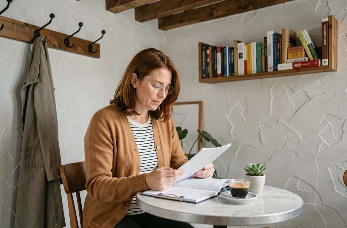 Femme concentrée lisant des documents dans un coin tranquille d'un café coworking au décor vintage et chaleureux
