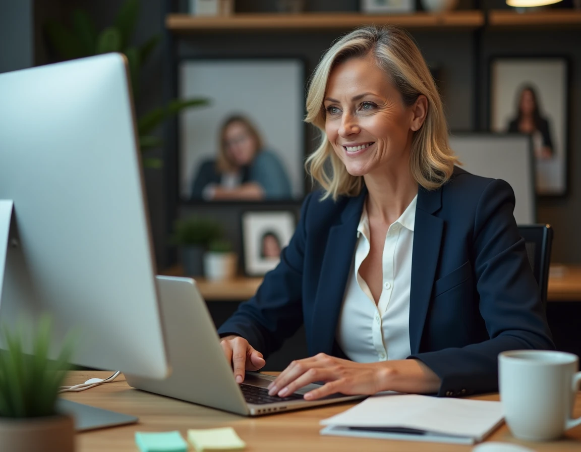 Femme écrivant un mail de départ bienveillant à son bureau en open space