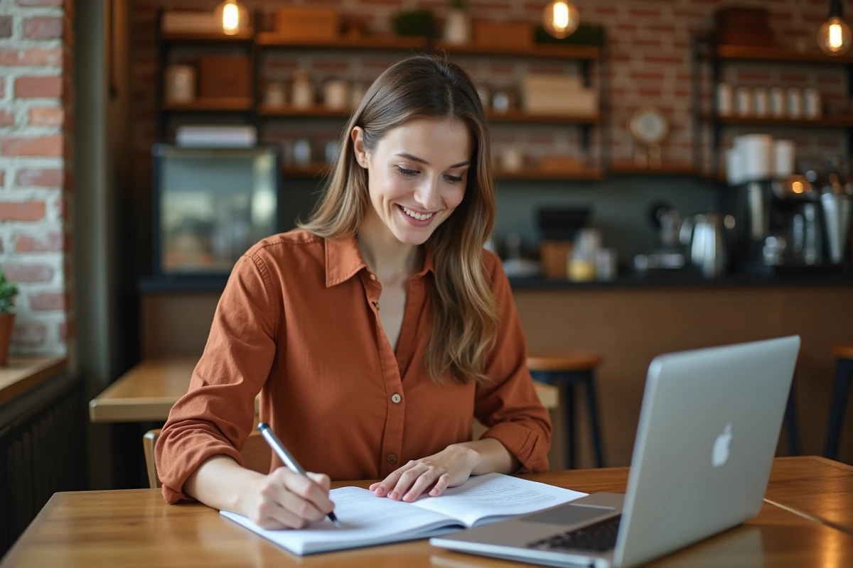 Jeune femme prenant des notes sur sa stratégie de storytelling et de mise en page LinkedIn dans un café au décor chaleureux