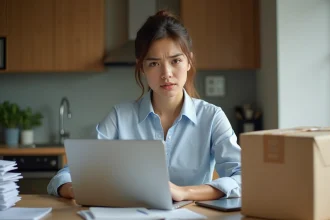Jeune femme concentrée avec colis et ordinateur dans un appartement
