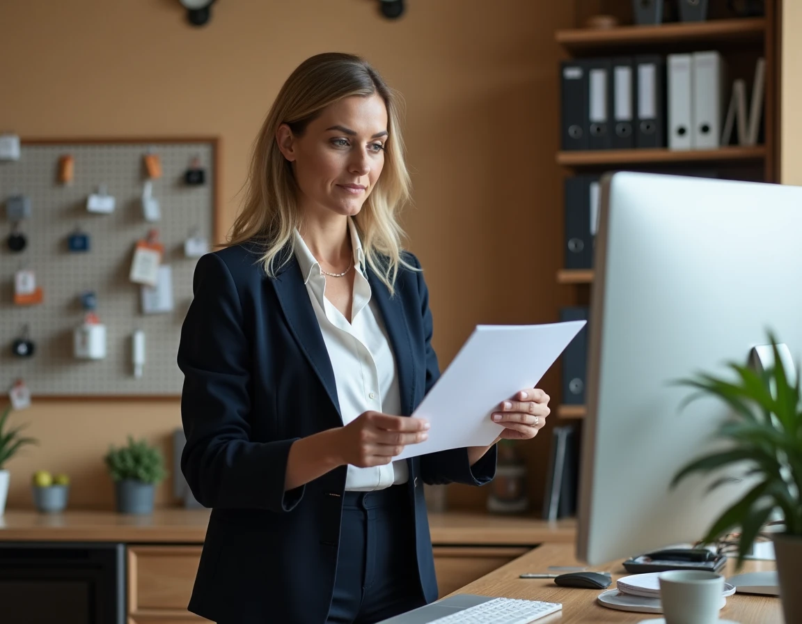Femme professionnelle travaillant debout à son bureau à domicile avec double écran, représentant un emploi sérieux exercé en ligne depuis chez soi
