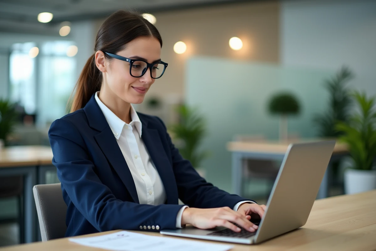 Femme professionnelle accédant à ses fiches de paie en ligne sur un portail numérique depuis son bureau