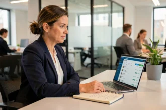 Femme professionnelle consultant un tableau de bord de prospection B2B sur son ordinateur portable dans un bureau moderne
