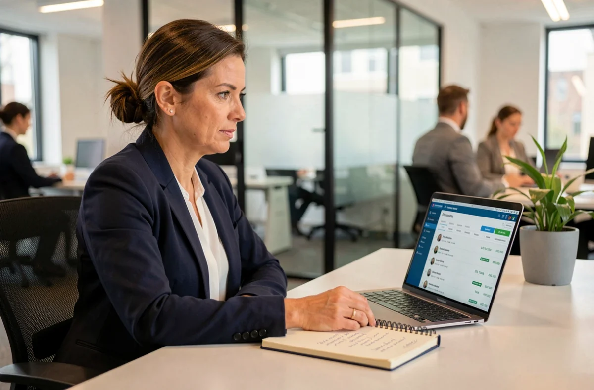 Femme professionnelle consultant un tableau de bord de prospection B2B sur son ordinateur portable dans un bureau moderne