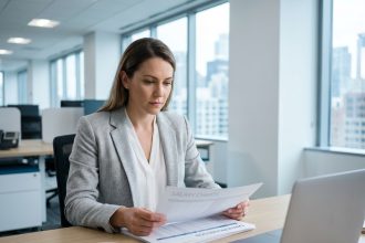 Femme professionnelle consultant des documents de rémunération et d'évolution de carrière dans un bureau moderne