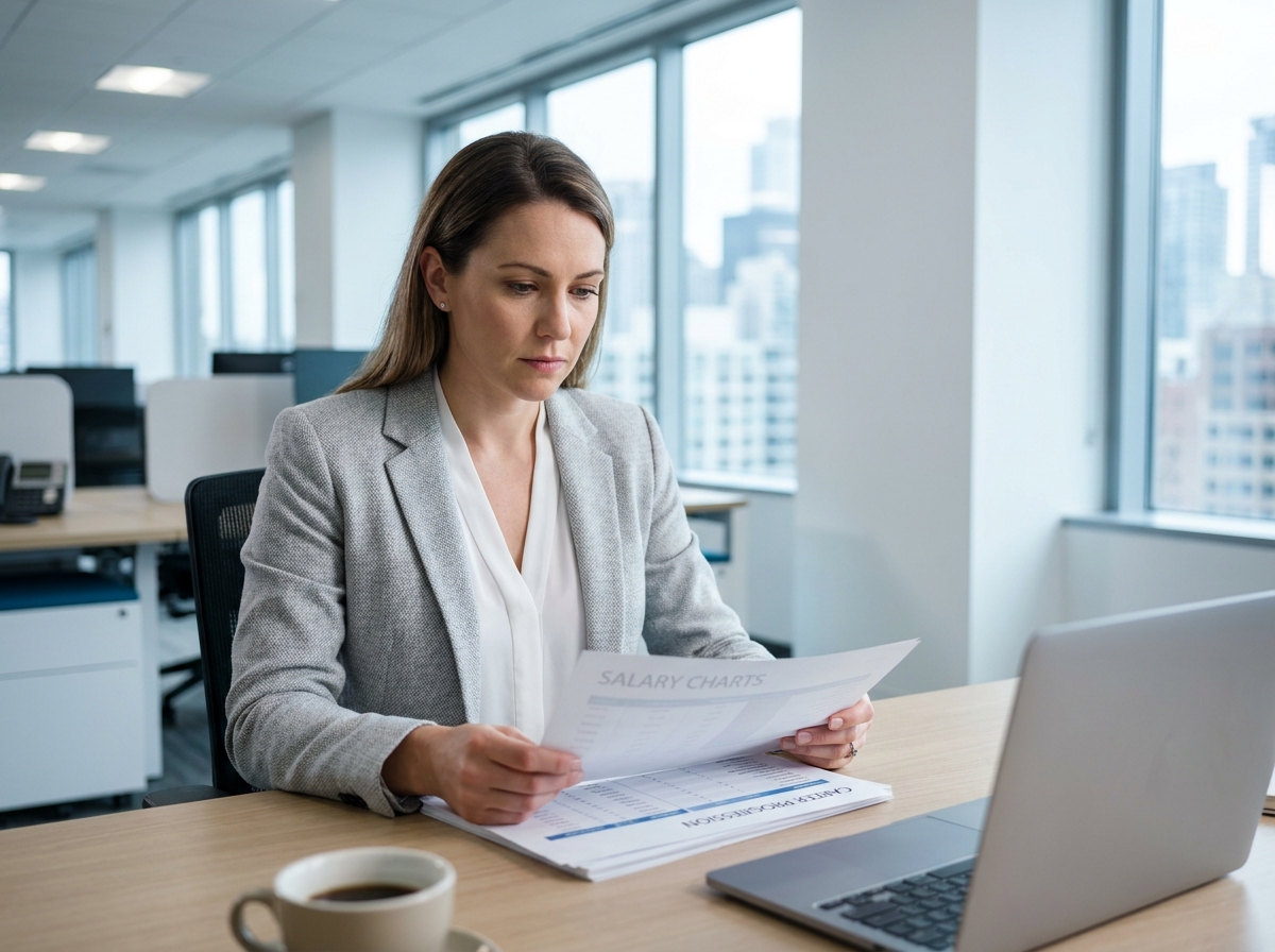 Femme professionnelle consultant des documents de rémunération et d'évolution de carrière dans un bureau moderne