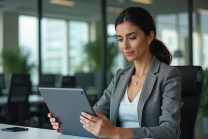 Femme professionnelle utilisant une tablette avec ContigoSF