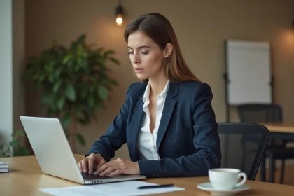 Femme professionnelle rédigeant un post LinkedIn avec stratégie narrative sur un ordinateur portable dans un bureau moderne