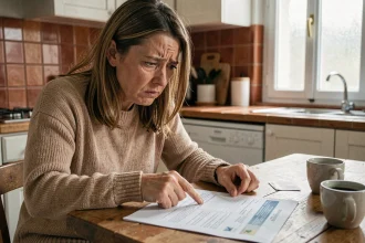 Femme inquiète examinant un relevé bancaire à la recherche d'un prélèvement FRANCILIANE non reconnu
